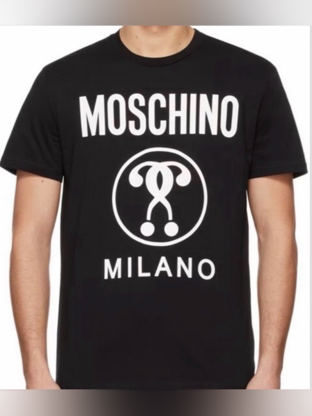 Moschino Milano Question Marks? Black Logo Crewneck Casual Cotton T-Shirt Size M
